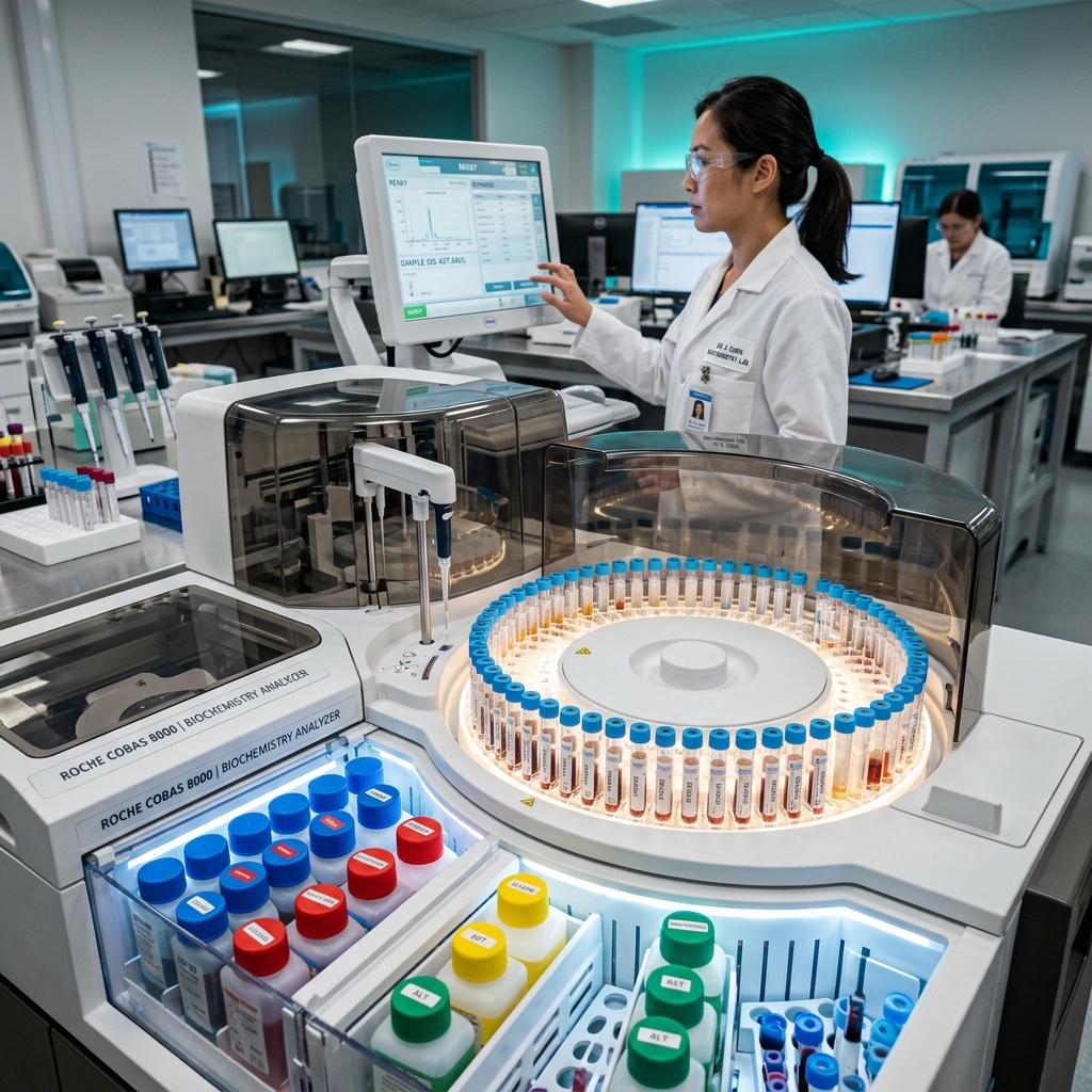 Modern automated chemical analyser in operation in the laboratory