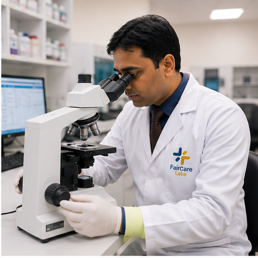 Pathologist examining a clinical tissue sample slide under a high-power microscope