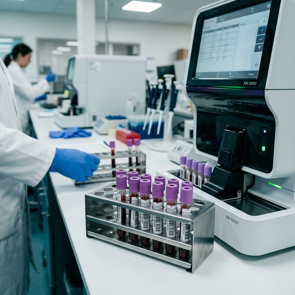 Hands of lab technician holding a blood sample vial