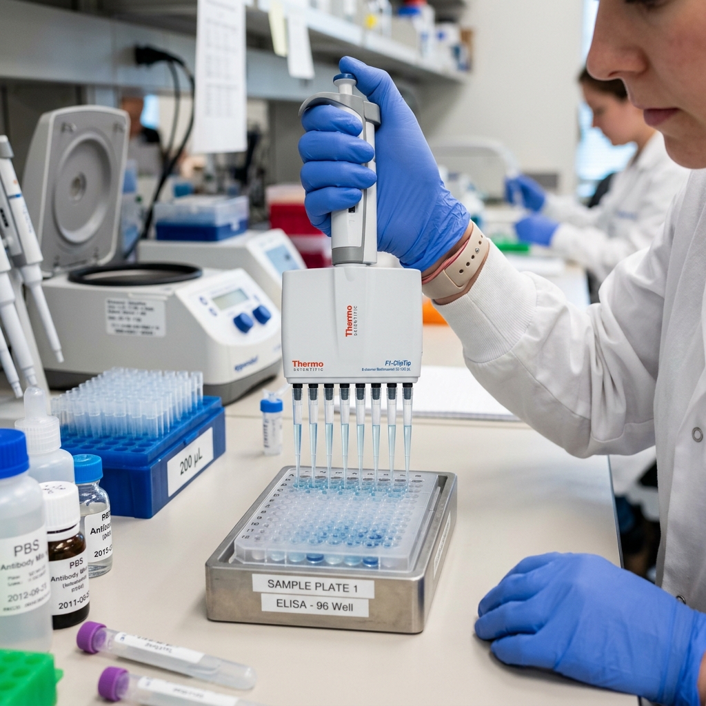 Scientist using a multichannel pipette to load samples onto an ELISA plate for antibody testing