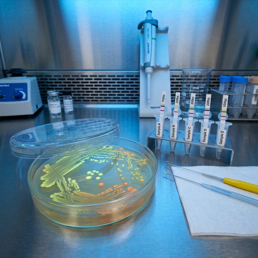 Scientist examining bacteria culture growth on agar plates in a microbiology laboratory